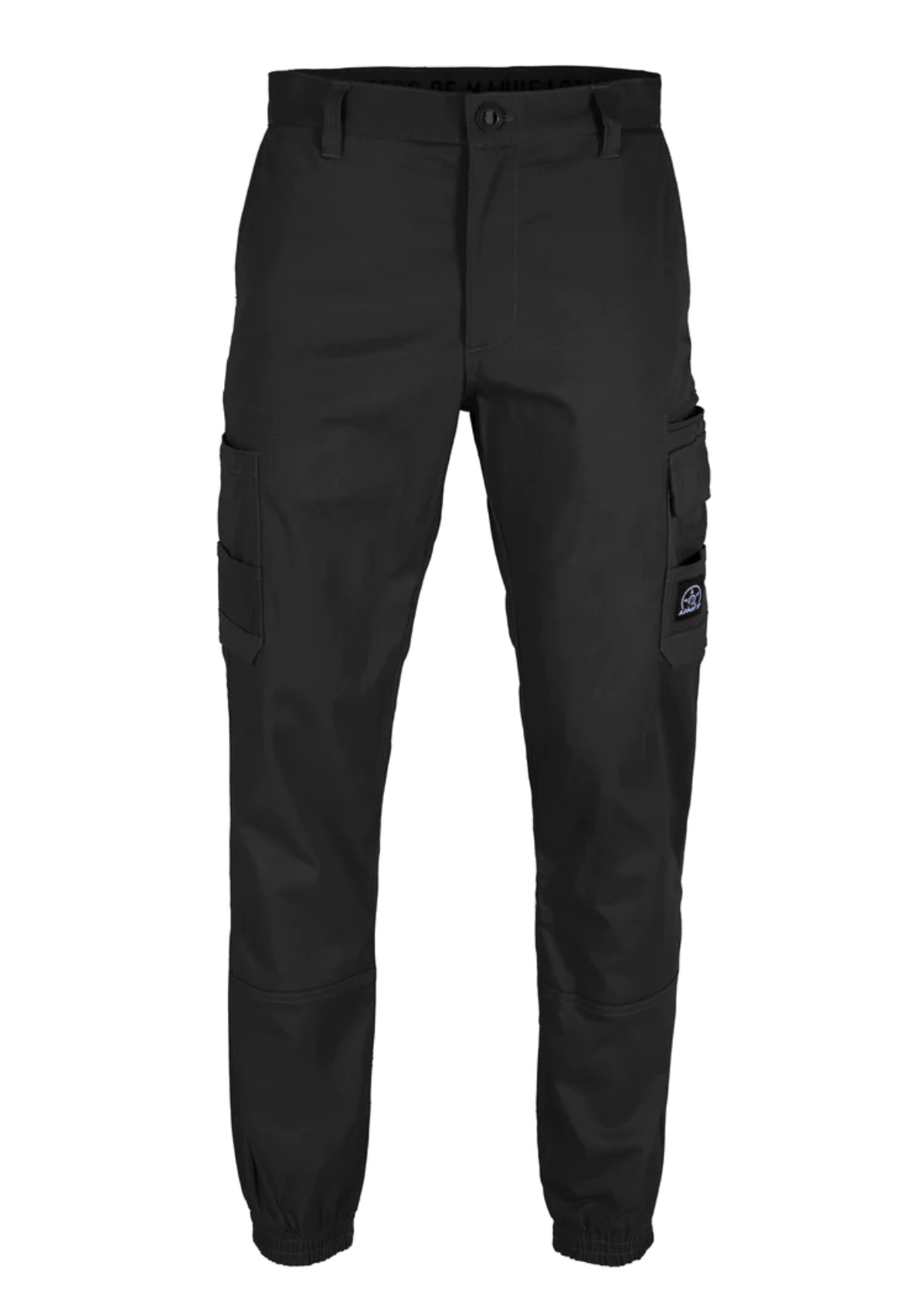 The UNIT Demolition Cargo Cuffed Pant features cargo-style pockets, an elasticized ankle cuff, belt loops, and a button closure at the waistband. Made from durable stretch fabric with UPF 50+ protection, it includes a small logo patch on one pocket—ideal for outdoor adventures.