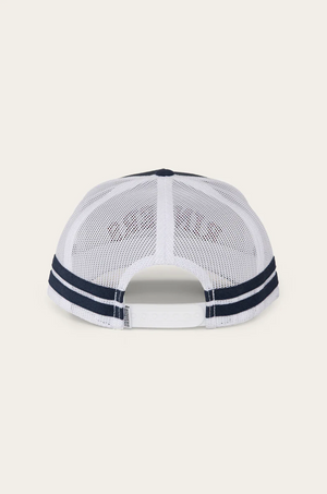 Back view of the Ringers Western Caleb Trucker Cap, featuring white mesh with two navy blue stripes, an adjustable white snapback closure, and classic cotton twill accents for added style.