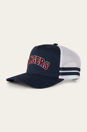 The Ringers Western Caleb Trucker Cap features "RANGERS" embroidered in red and white, a cotton twill front, white mesh back and sides, and two navy stripes for a sporty look.