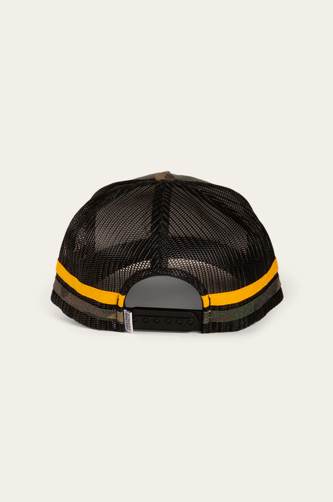 The Ringers Western McCoy Kids Trucker Cap in black is shown from behind, highlighting a yellow stripe and an adjustable snap closure on its mesh back.