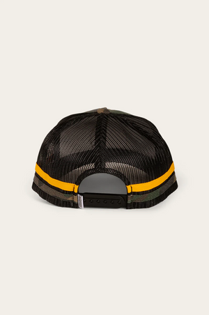 The Ringers Western McCoy Kids Trucker Cap in black is shown from behind, highlighting a yellow stripe and an adjustable snap closure on its mesh back.