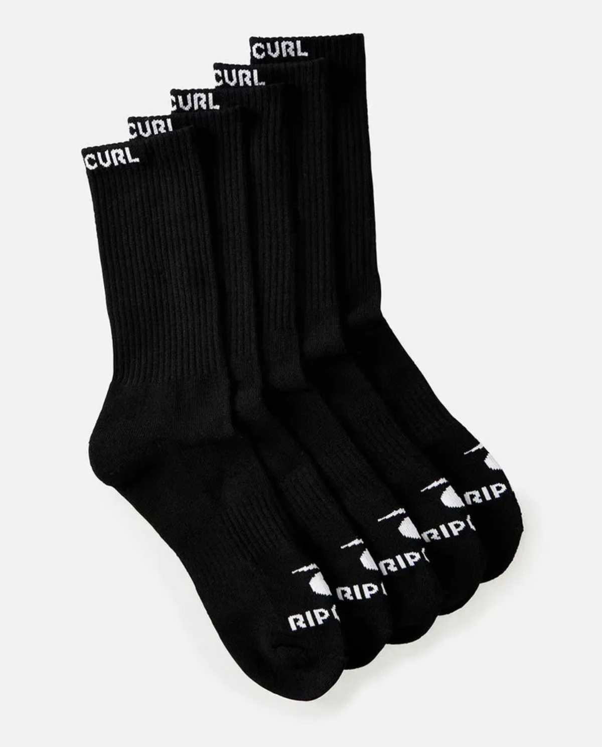 A set of the Rip Curl Brand Crew Sock 5 Pack is displayed against a white background. Each black sock has "CURL" written in white at the top and "RIP" near the toe area. Featuring arch support, the socks are arranged neatly to showcase both the tops and toes.