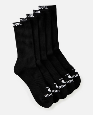 A set of the Rip Curl Brand Crew Sock 5 Pack is displayed against a white background. Each black sock has "CURL" written in white at the top and "RIP" near the toe area. Featuring arch support, the socks are arranged neatly to showcase both the tops and toes.