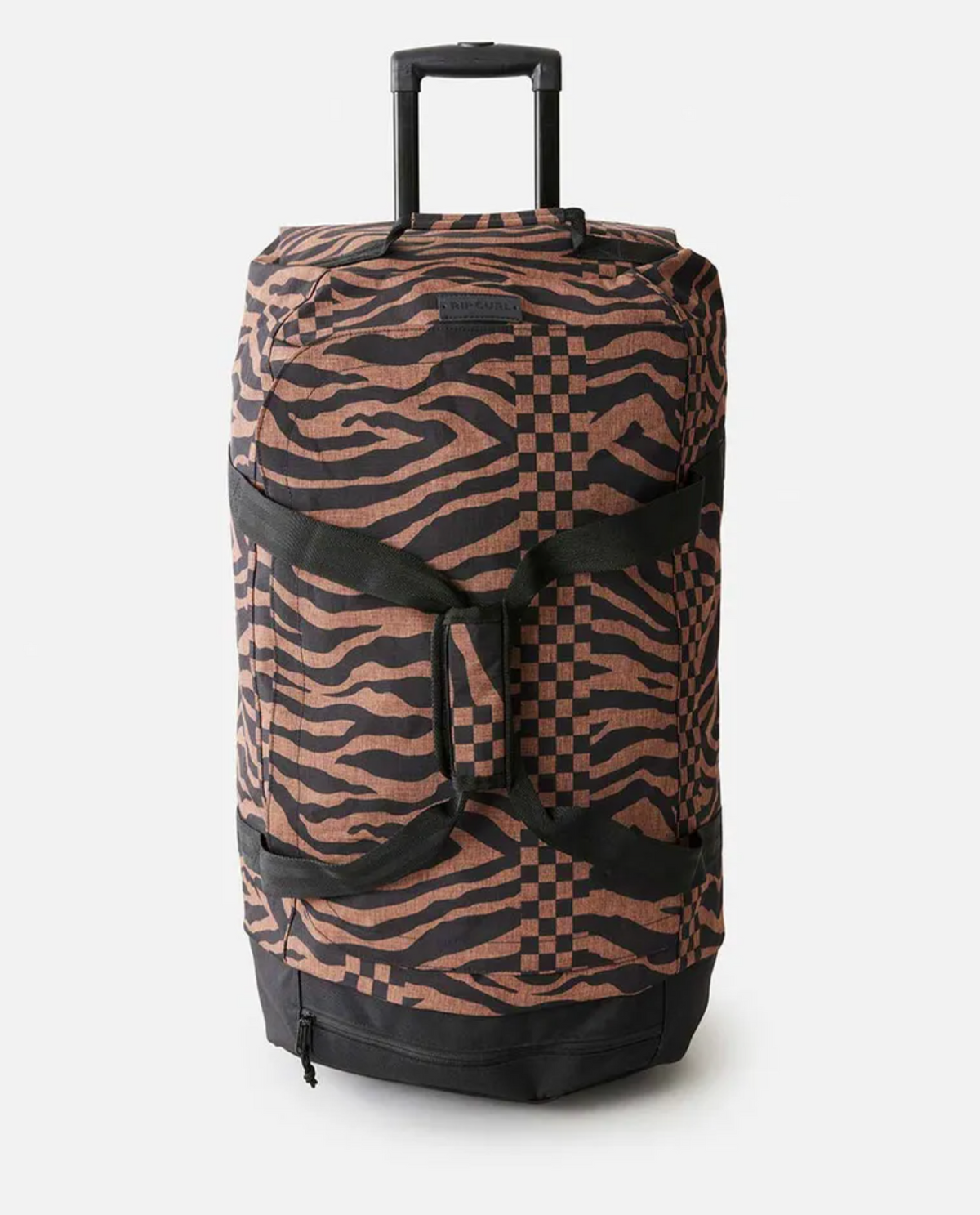 The Rip Curl Jupiter 80L Travel Bag is a large, water-resistant rolling duffle with black handles and a brown-and-black zebra checkerboard pattern, shown upright with its telescopic handle extended—perfect for stylish travel.