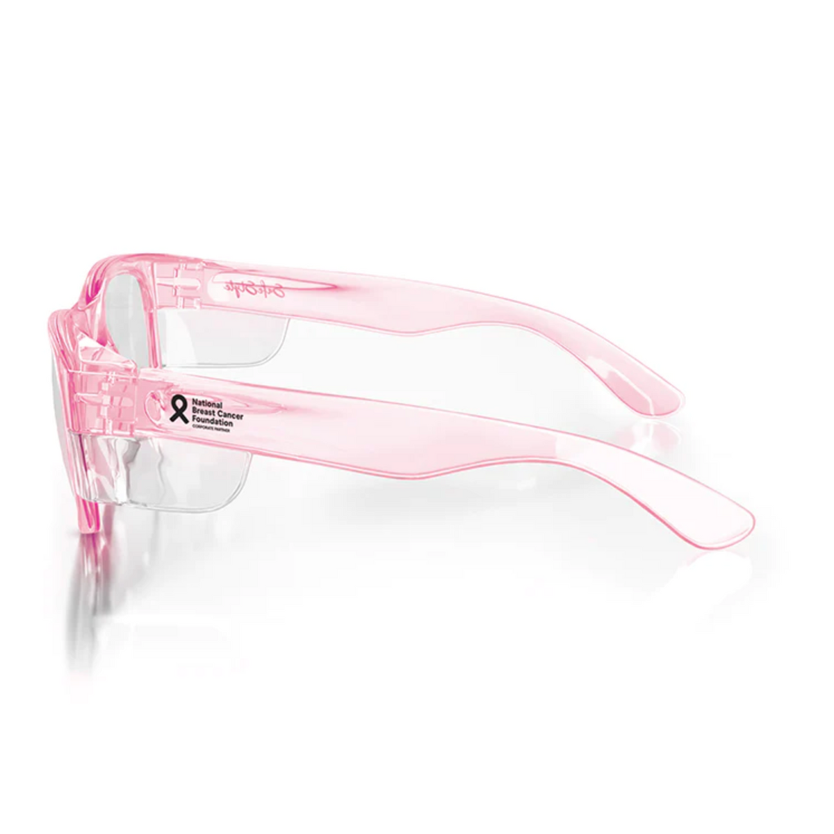 The SafeStyle Classics Pink Frame Clear Lens safety glasses offer UV400 protection, feature a black awareness ribbon and "National Breast Cancer Foundation" on the side, and are shown on a white background.