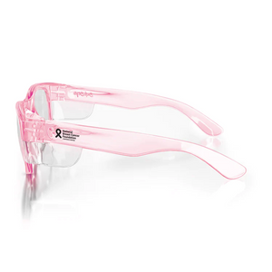 The SafeStyle Classics Pink Frame Clear Lens safety glasses offer UV400 protection, feature a black awareness ribbon and "National Breast Cancer Foundation" on the side, and are shown on a white background.