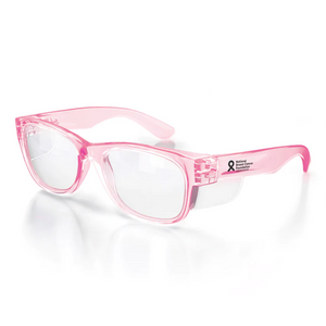 SafeStyle Classics Pink Frame Clear Lens: Pink plastic safety glasses with UV400 protection, clear lenses, side shields, and a breast cancer awareness ribbon plus "National Breast Cancer Foundation, Inc." text on one temple. Shown on a white background.