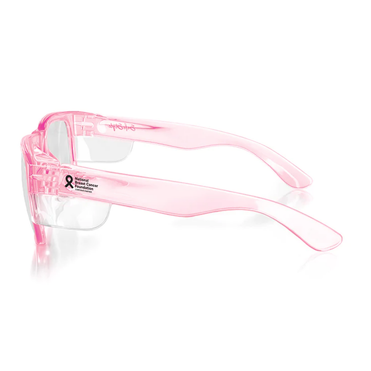 The SafeStyle Fusions Pink Frame Clear Lens features UV400 protection for eye safety. A breast cancer awareness ribbon decorates the side with "Breast Cancer Awareness" text, merging style and support for a meaningful cause.