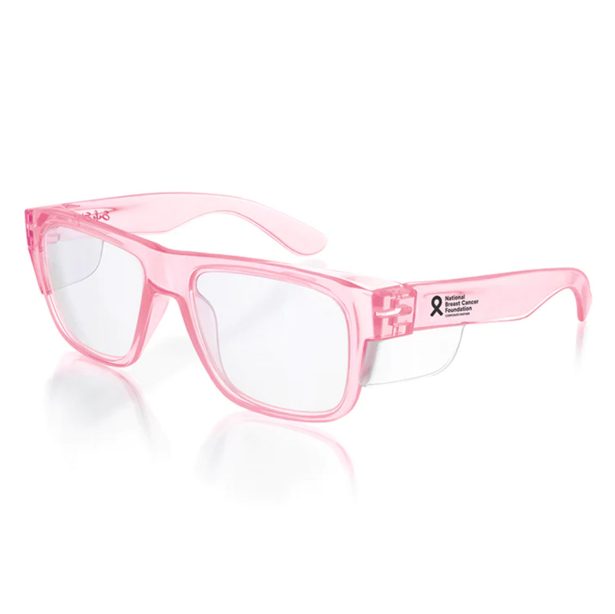 The SafeStyle Fusions Pink Frame Clear Lens glasses feature a breast cancer awareness ribbon and text on the temple, providing stylish transparency and UV400 protection for both fashion and safety.