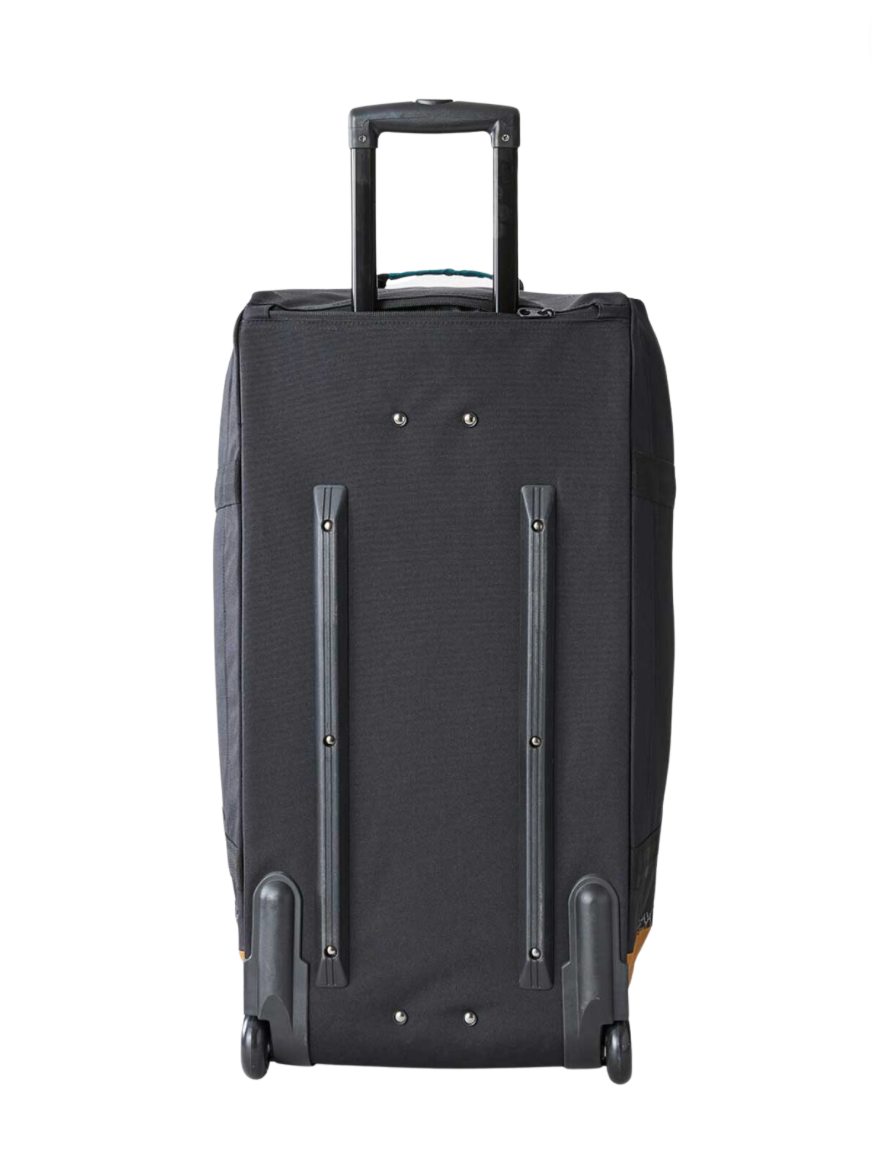 The Rip Curl Jupiter 80L Journeys Travel Bag is a black rolling suitcase made from durable recycled polyester. It features a telescopic handle, two wheels, and protective strips along the back for added durability.