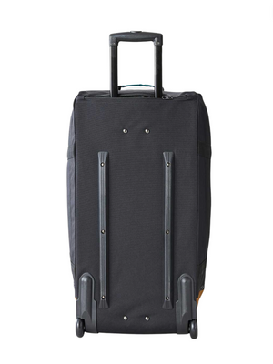 The Rip Curl Jupiter 80L Journeys Travel Bag is a black rolling suitcase made from durable recycled polyester. It features a telescopic handle, two wheels, and protective strips along the back for added durability.
