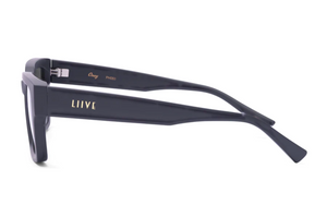 Side view of Liive Oney Sunglasses featuring dark polycarbonate frames with thick arms. "LIIVE" is printed in gold on the arm, "Cheng PH053" near the hinge. Sleek, modern design provides stylish UV protection.
