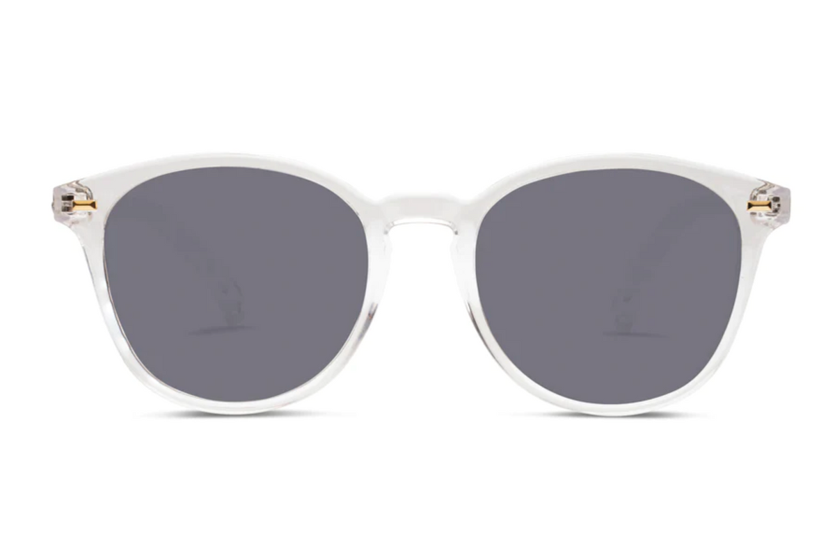 Front view of Liive Berawa Sunglasses with clear, round polycarbonate frames and dark tinted UV-protected lenses, displayed against a white background.