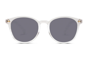 Front view of Liive Berawa Sunglasses with clear, round polycarbonate frames and dark tinted UV-protected lenses, displayed against a white background.