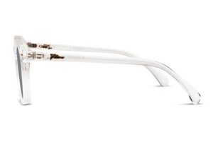 Side view of Liive Berawa Sunglasses featuring clear, lightweight polycarbonate frames, dark UV-protected lenses, and subtle gold hinge details, set against a white background.