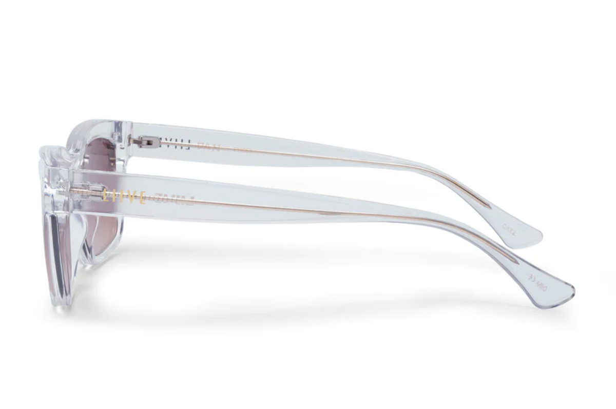 Liive Dan Sunglasses feature clear polycarbonate frames, transparent arms, light-tinted lenses with UV protection, and are shown in a side view against a white background.