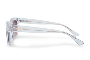 Liive Dan Sunglasses feature clear polycarbonate frames, transparent arms, light-tinted lenses with UV protection, and are shown in a side view against a white background.