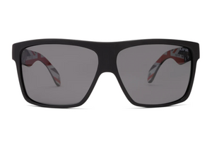 Front view of Liive Hoy 4 Polar Oz Sunglasses with dark polarised lenses for UV protection; the inside of the arms has a red, white, and black patterned design.