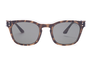 The Liive Morgan Sunglasses feature tortoiseshell, rectangular wayfarer frames with dark lenses providing UV protection, elegantly displayed against a white background.
