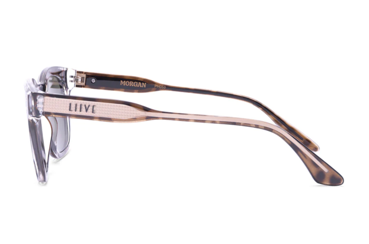 Side view of Liive Morgan Sunglasses featuring transparent Wayfarer-shaped frames and tortoiseshell-patterned temples. UV-protected, "LIVE" is inscribed on the left temple and "MORGAN PH655" on the inside of the right.