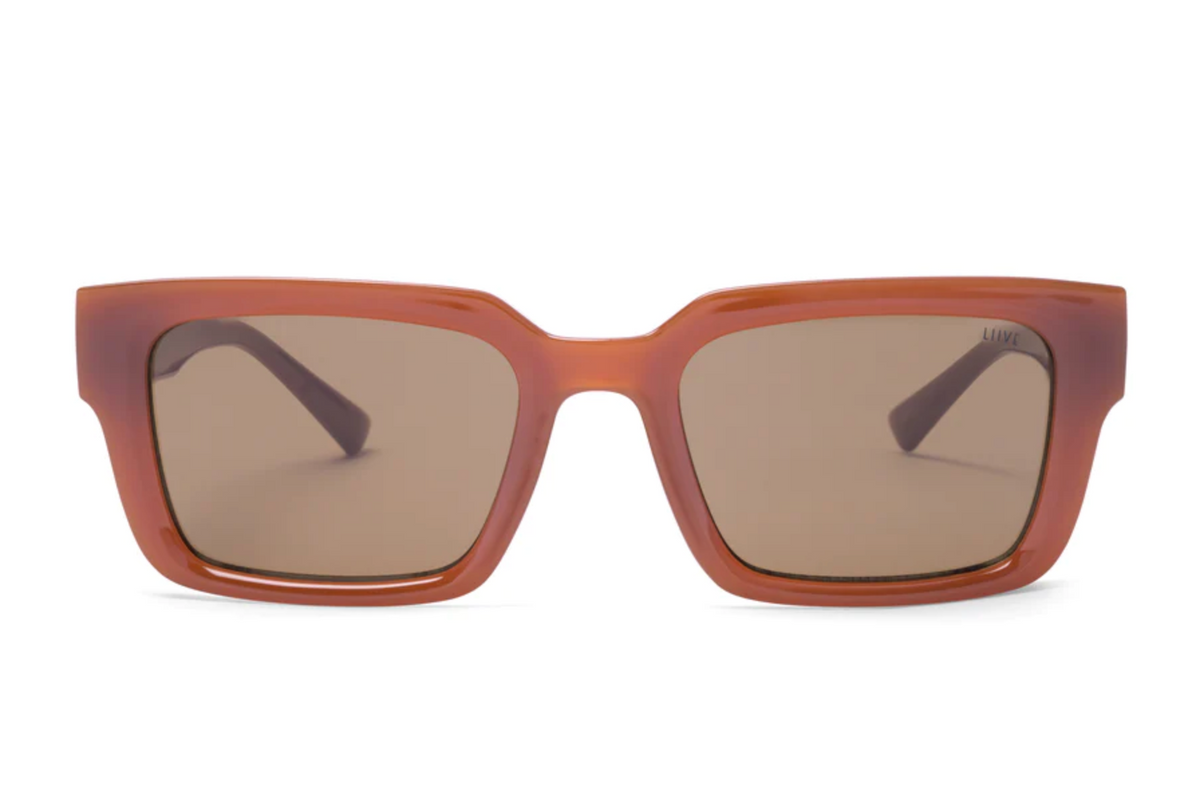 Front view of Liive Oney Sunglasses featuring rectangular, thick, glossy polycarbonate frames and brown-tinted lenses with UV protection.