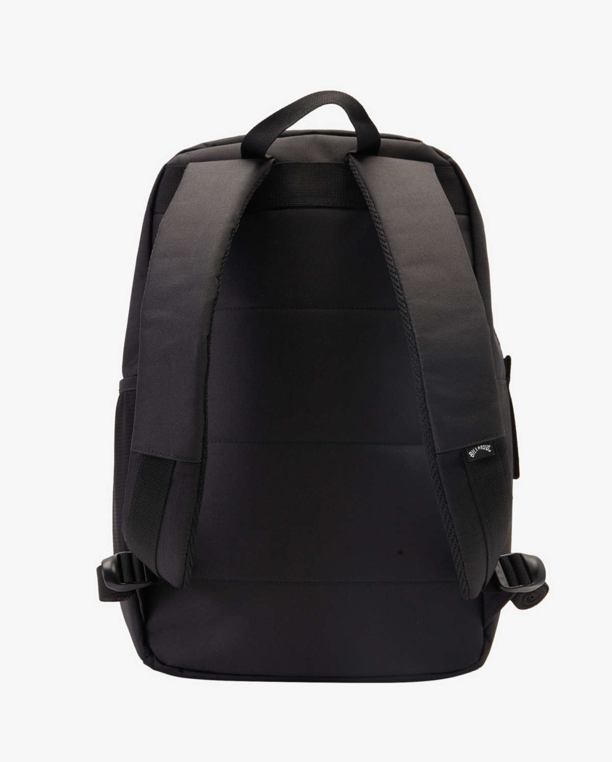 The Billabong All Day Plus 22L Backpack in black is shown from the back with two padded shoulder straps, a top carrying handle, and adjustable side straps, made from recycled polyester and set against a plain white background.