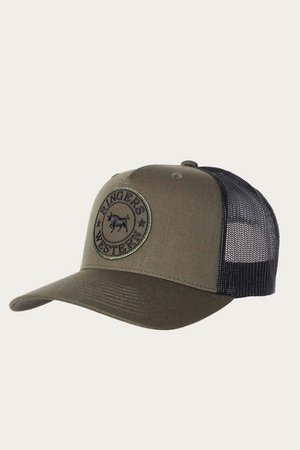 The Ringers Western Signature Bull Trucker Cap features olive green and black cotton twill mesh, a curved brim, and a circular front patch with the "Ringers Western" logo and bull.