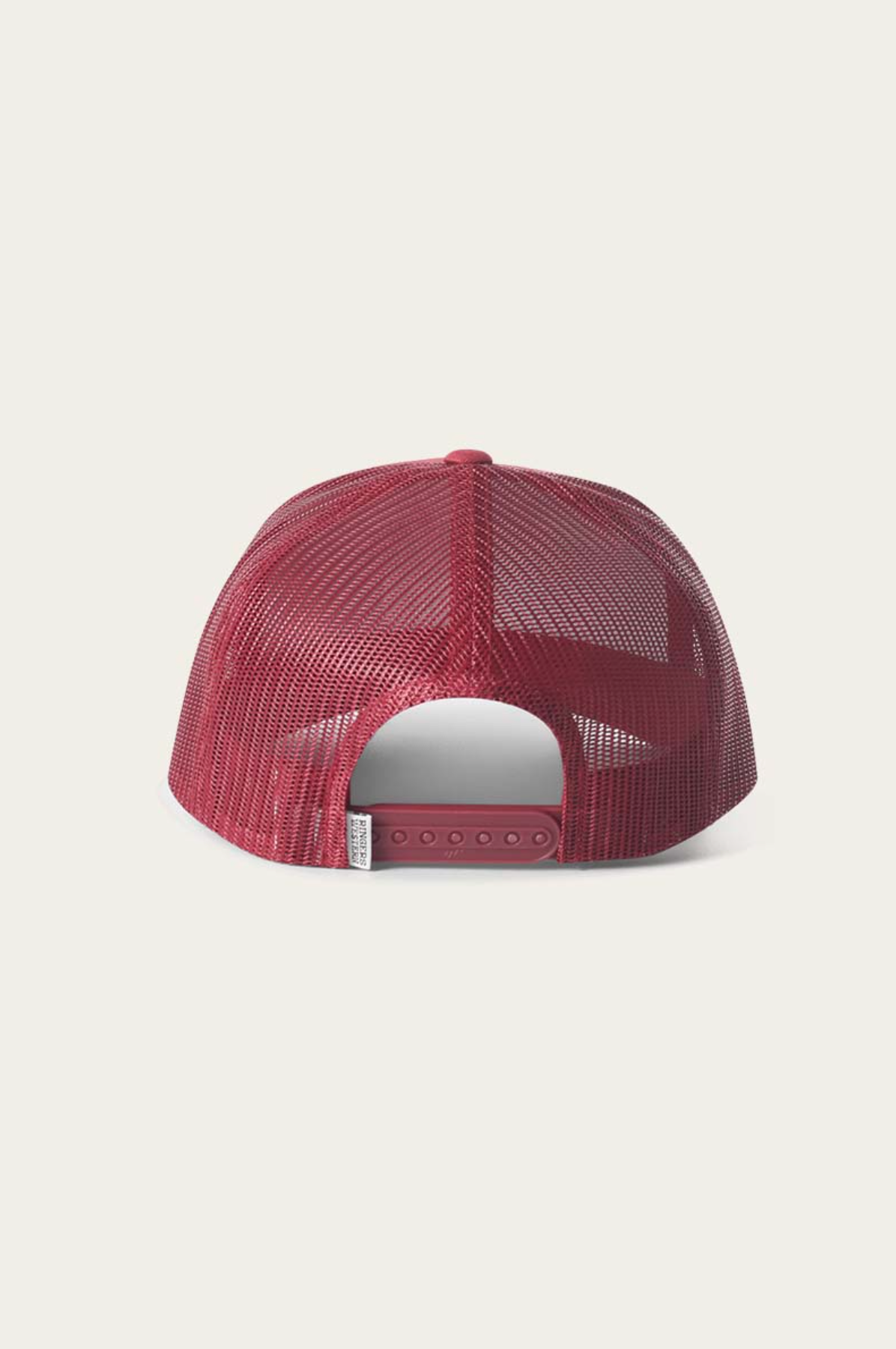The Ringers Western Signature Bull Trucker Cap is a red mesh cap with an adjustable snap closure, shown from the back without any logos or brand markings, on a plain white background.
