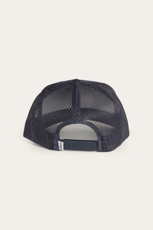 The Ringers Western Signature Bull Trucker Cap in navy is shown from the back, featuring a mesh back, adjustable snapback closure, and a small white tag on the band.