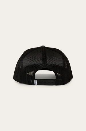 The Ringers Western Signature Bull Trucker Cap is shown from the back in black mesh, featuring an adjustable snapback closure, cotton twill front panels, and a small white Ringers Western tag on the side.