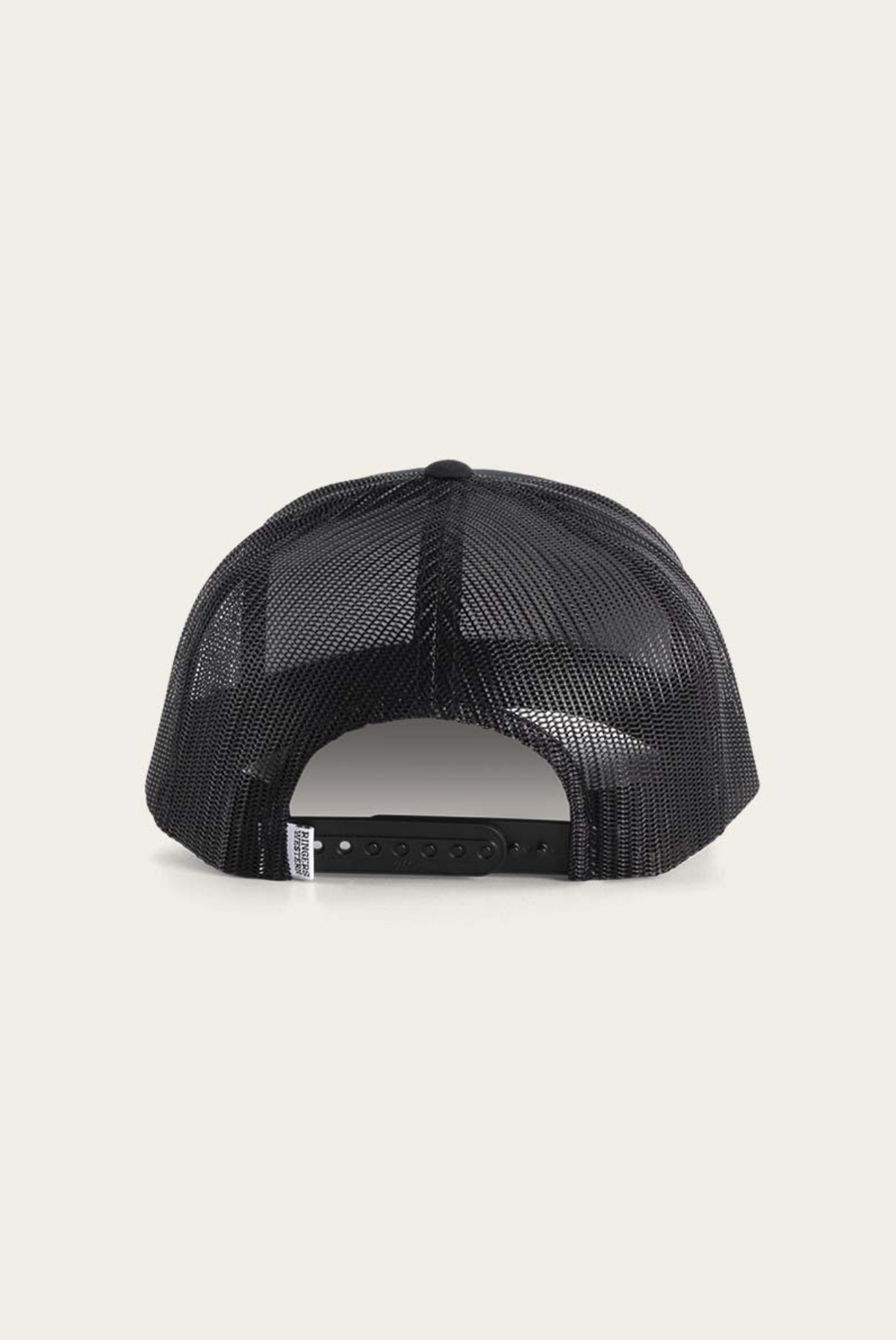 The Ringers Western Signature Bull Trucker Cap, in black and viewed from behind, features an adjustable snapback strap and mesh back. Set against a plain white background, this stylish cap blends classic design with functionality.