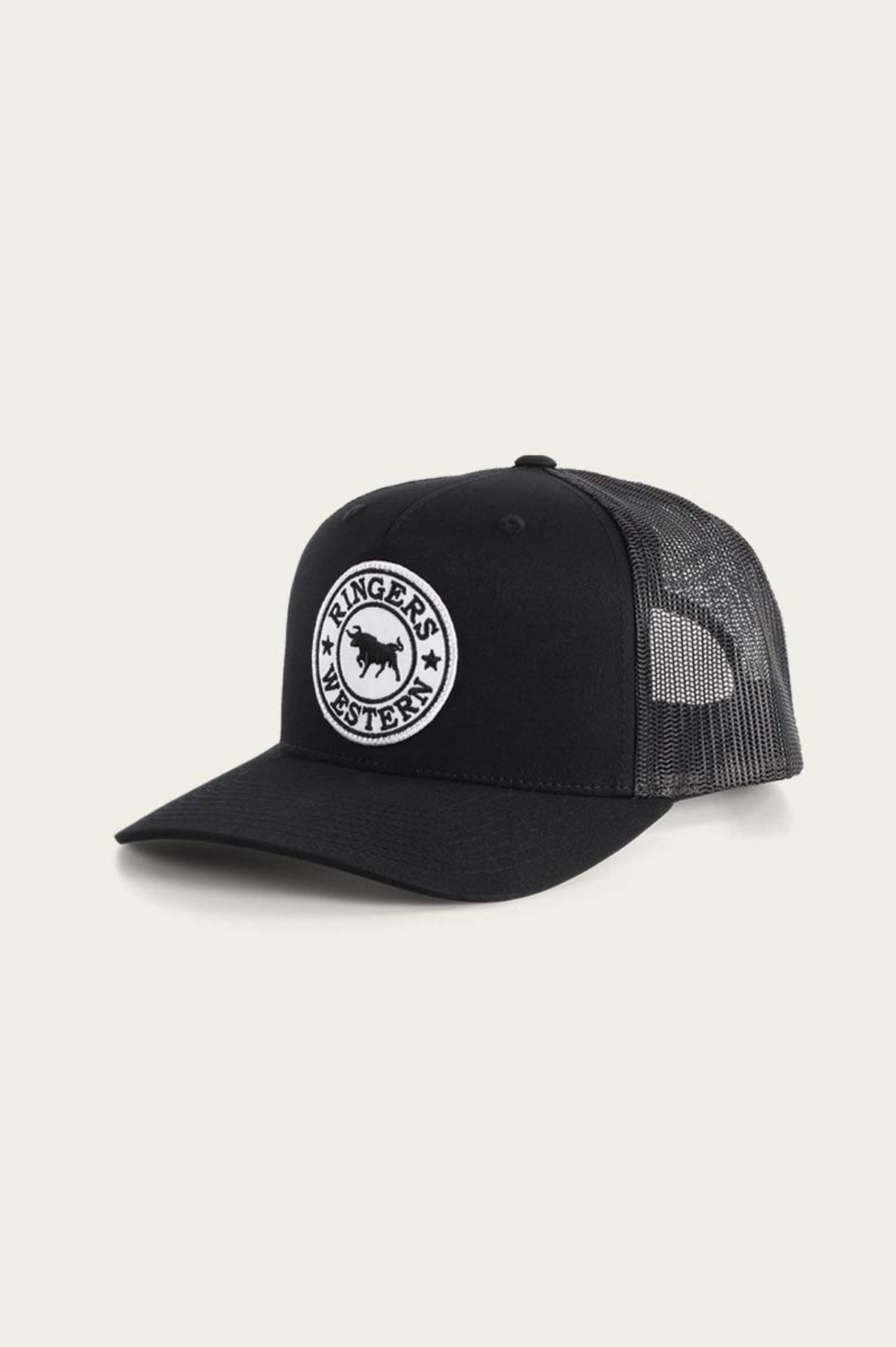 The Ringers Western Signature Bull Trucker Cap is a black cap featuring an adjustable strap, mesh back, and front logo patch with a cow silhouette and "Ringers Western" text. It has a curved brim and structured crown.
