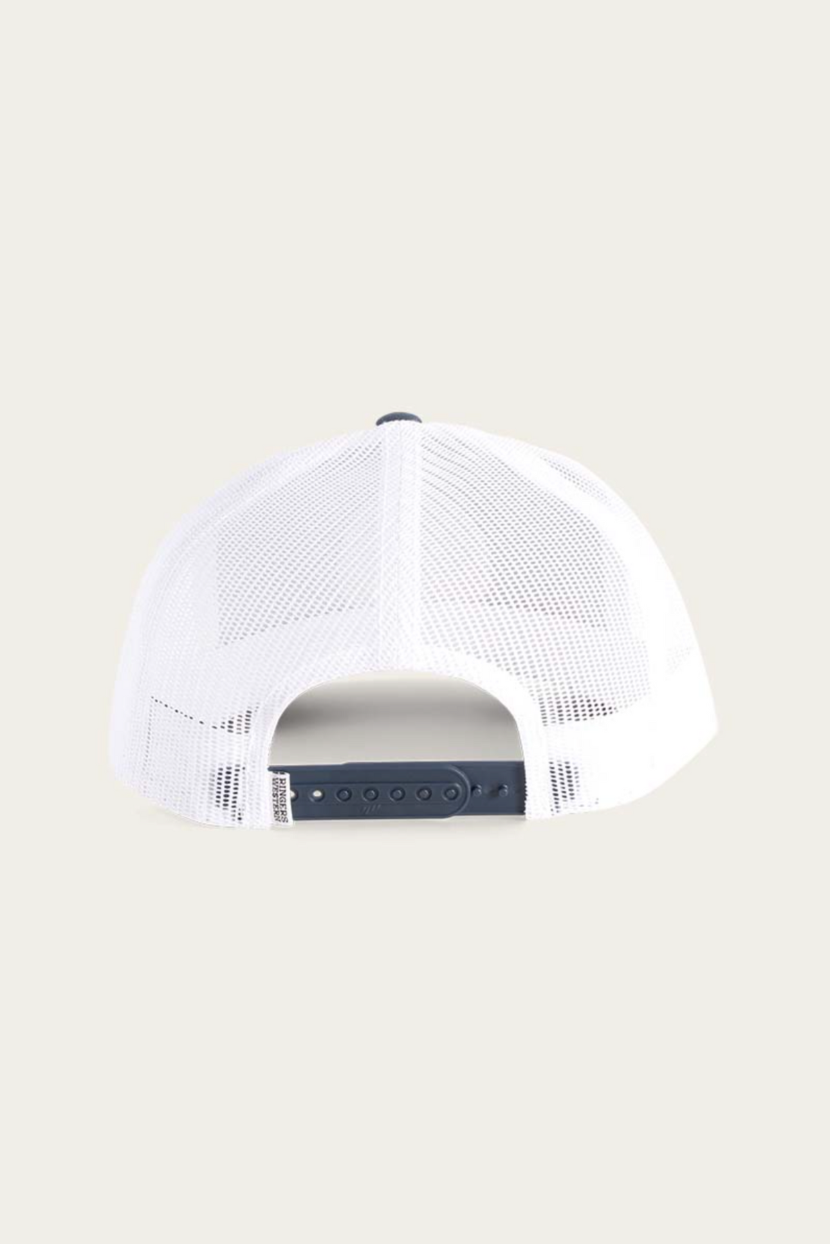 The image shows the back of a Ringers Western Signature Bull white mesh trucker cap with an adjustable navy blue snapback strap, set against an off-white background.