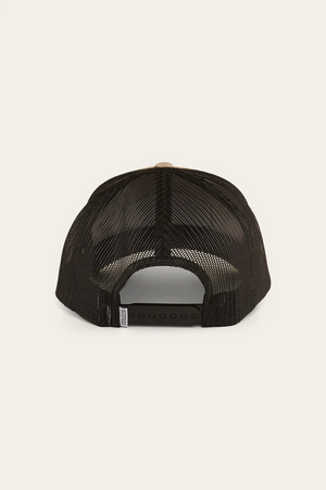 The black Ringers Western Scotty Trucker Cap is shown from the back, featuring an adjustable snapback closure and curved bill. Its semi-transparent mesh reveals interior structure, reflecting its Ringers Western heritage.