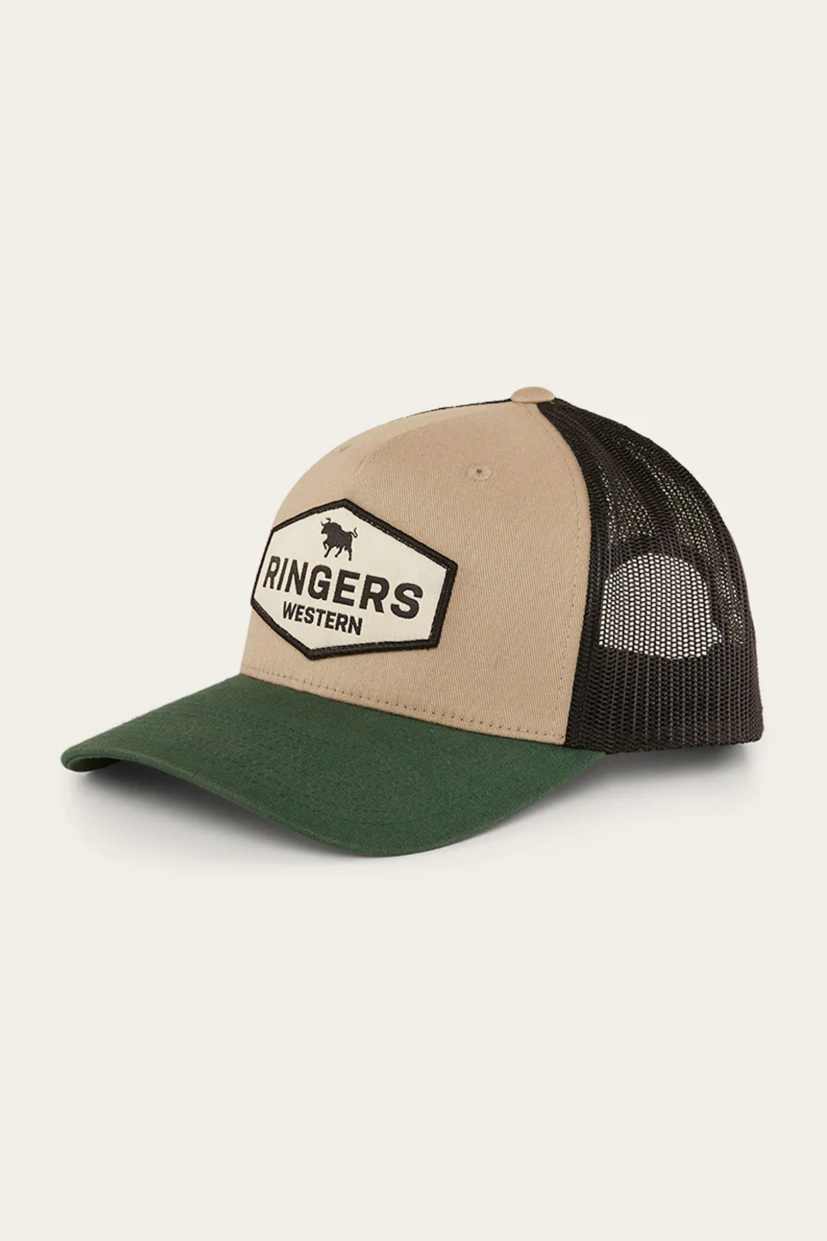 Introducing the Ringers Western Scotty Trucker Cap, featuring a beige and green cotton twill design with a black mesh back. It showcases a bold patch with "Ringers Western" and an iconic cow silhouette for breathability and style.