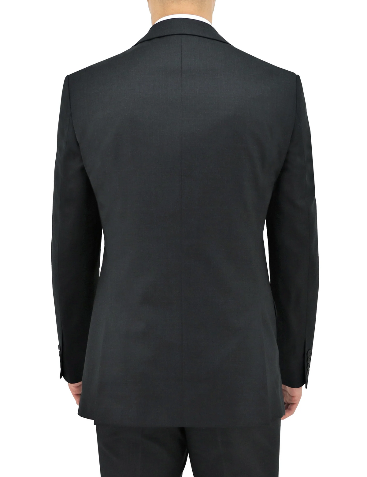 A man is depicted from the back wearing a Boston Michel Jacket in a dark shade. This suit jacket boasts a tailored fit with clean lines, made from exquisite Australian Merino Wool. His hands rest at his sides against a simple white background.