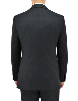 A man is depicted from the back wearing a Boston Michel Jacket in a dark shade. This suit jacket boasts a tailored fit with clean lines, made from exquisite Australian Merino Wool. His hands rest at his sides against a simple white background.