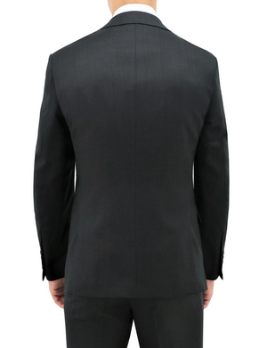 A person wearing a dark Boston Michel Jacket and matching pants, viewed from the back. The 100% Australian Merino Wool jacket is well-fitted with a smooth finish, and the person's hands are resting down by their sides against a plain white background.