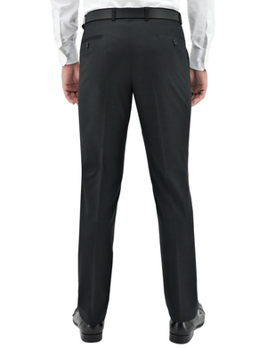 A person wearing a white dress shirt and black Boston Lyon Trousers is shown from the back. The trousers feature belt loops and two buttoned pockets on the back, providing a comfy fit. The individual is also wearing black dress shoes.