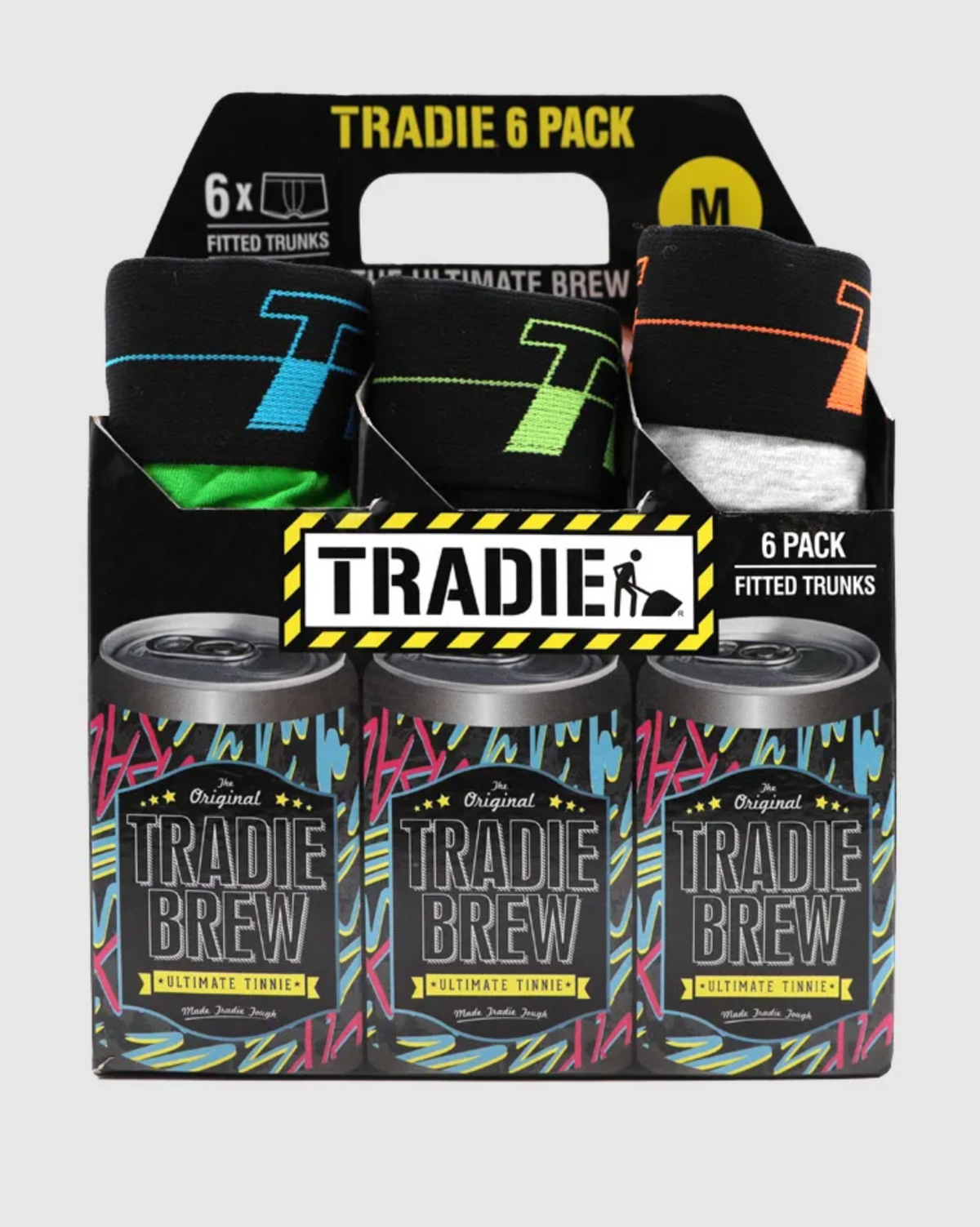 A package with a "Tradie Mens 6PK Trunk" and three cans of "Original Tradie Brew Ultimate Tinnie," featuring colorful graphics and construction-themed branding for a comfortable fit suited to hardworking individuals.