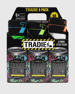 A package with a "Tradie Mens 6PK Trunk" and three cans of "Original Tradie Brew Ultimate Tinnie," featuring colorful graphics and construction-themed branding for a comfortable fit suited to hardworking individuals.