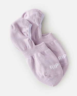 A pair of light purple Rip Curl Womens Invisible Socks with a ribbed design is displayed on a white surface. They feature the Rip Curl logo in white on the toes and an inner heel silicon grip for a snug fit.