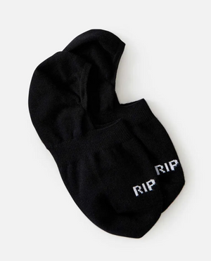 Two black Rip Curl Women's Invisible Socks are on a white background, each with "RIP" in white on the cuff. They feature an inner heel silicon grip for comfort and security, blending style with practicality.