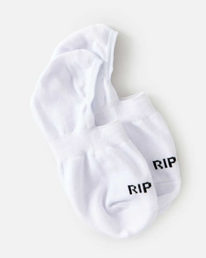 The Rip Curl Womens Invisible Socks are white ankle socks with a black logo on the side and inner heel silicone grips, set against a light gray background.