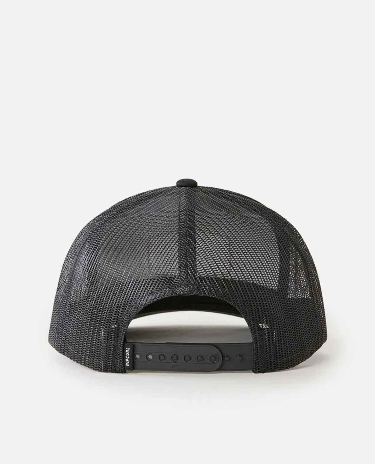 The Rip Curl Marker Curve Trucker features a black mesh design, an embroidered patch logo on the front, and an adjustable snapback closure at the back.
