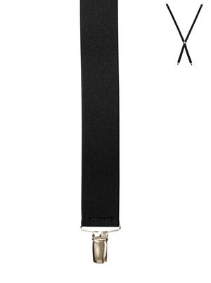 A close-up view of Buckle Plain Braces featuring high-quality black clasps at the bottom. In the top right corner, the plain braces are extended into an X shape, illustrating how they cross at the back when worn. The image is set against a plain white background.