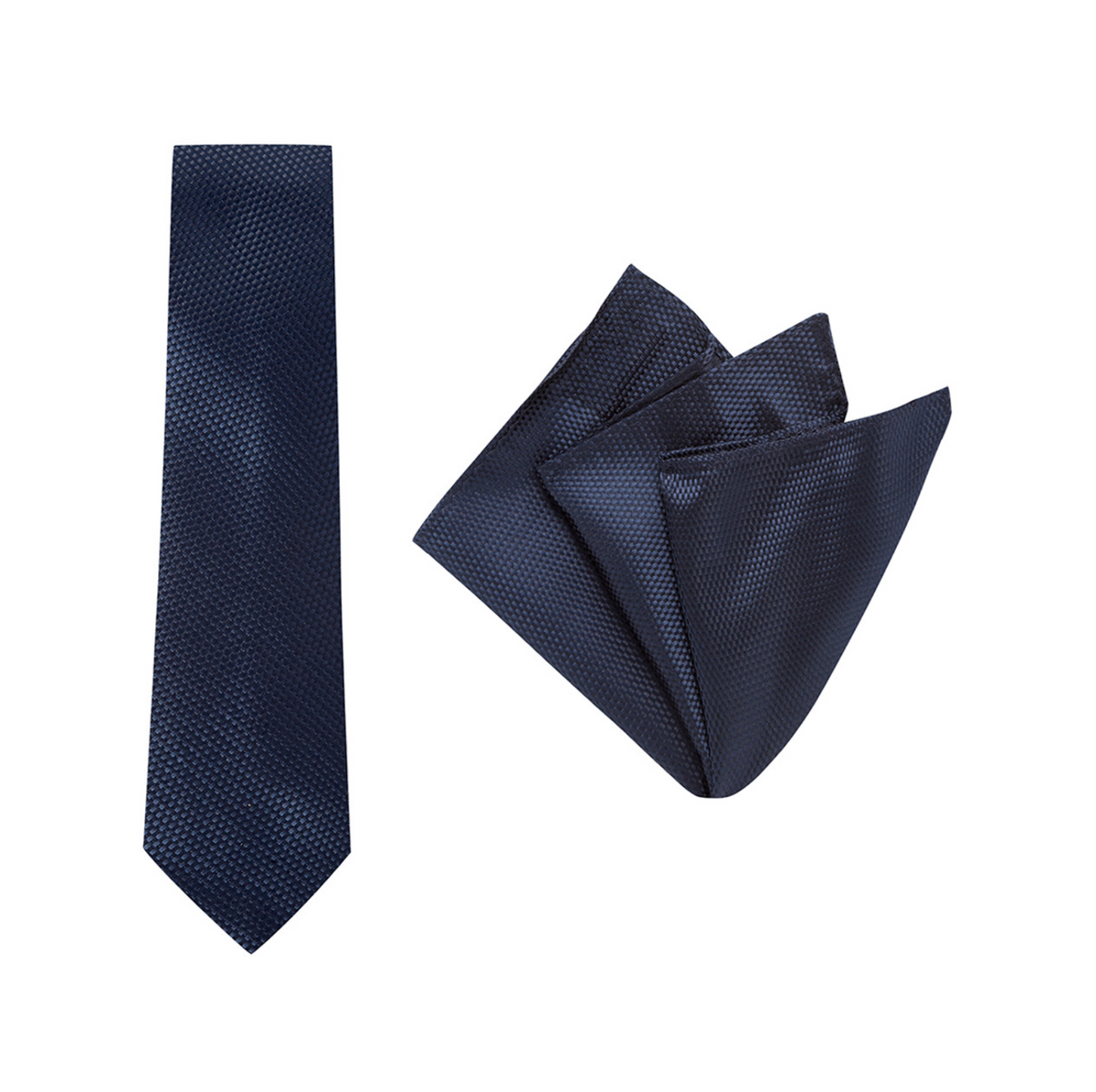 The Buckle Tie Carbon Pocket Square, featuring a textured dark blue finish with a subtle carbon design, is displayed side by side on a white background—an essential addition to any modern men’s wardrobe.