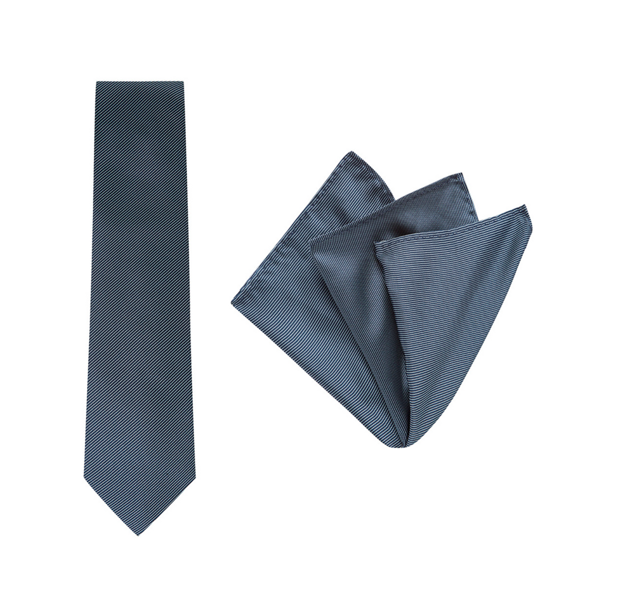 The Buckle Tie Pinst Pocket Square set features a dark gray tie and pocket square with a refined pinstripe design—crafted from subtly textured fabric, shown together on a white background for an elegant men's wardrobe addition.