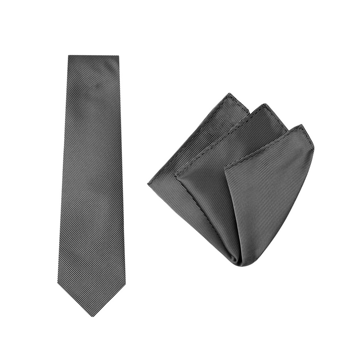 The Buckle Tie Pinst Pocket Square set includes a textured black necktie and matching pocket square, both showcased on a white background—an essential addition to any man’s wardrobe.