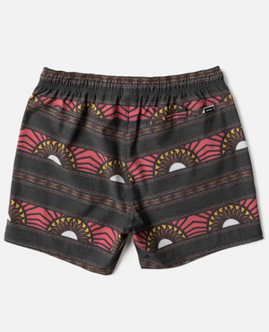 The Rip Curl Party Pack Volley men's swim trunks feature a drawstring waist, quick-dry fabric, and stylish red, yellow, black, and white horizontal stripes inspired by sunrises or sunsets.